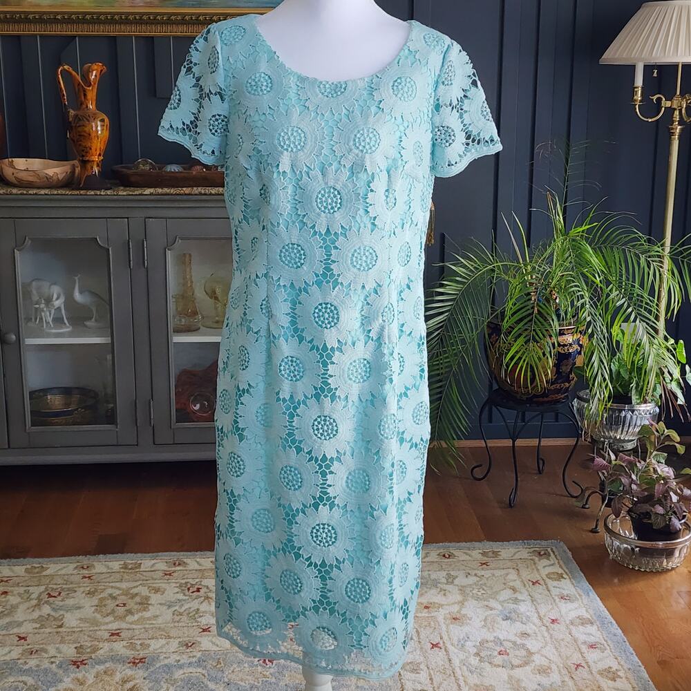 Talbots Sunflower Lace Sheath Dress Aqua Sz 8 Wedding Guest Classic